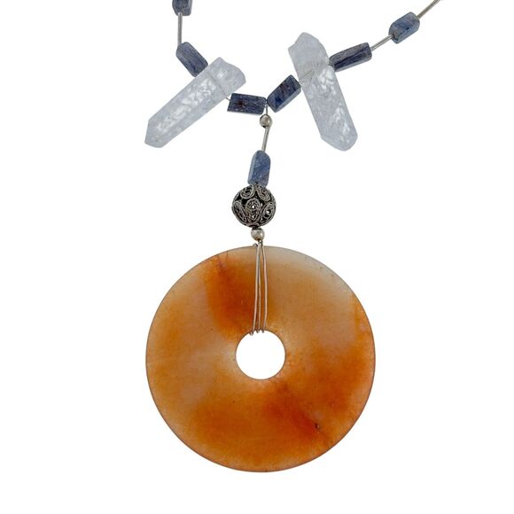 Orange Jade Rock Quartz Rutilated Quartz Necklace | Vintage Sterling Silver 18" - Picture 3 of 5